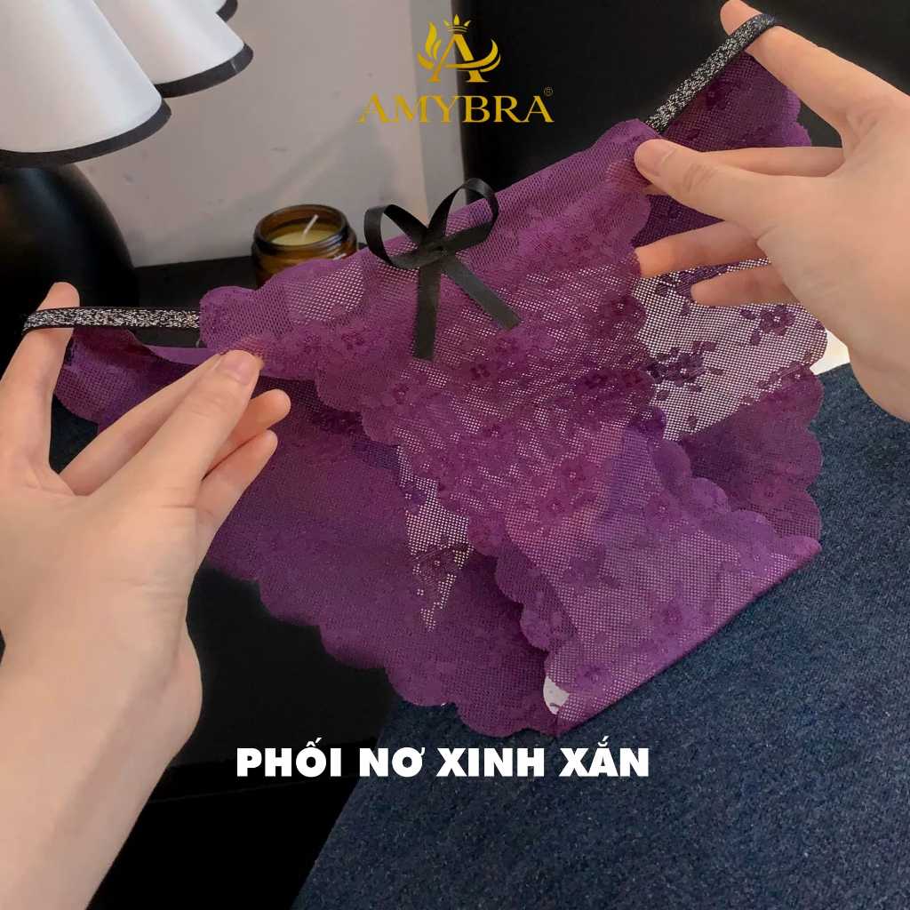 [ MẪU MỚI 2026 ] Quần Lót Ren Xuyên Thấu Quyến Rũ, Quần Chip Ren Nữ Đính Nơ Mềm Mại AMYBRA L1006