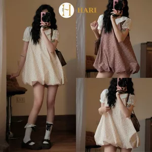 Váy bí dáng phồng Hari chất vải linen họa tiết Bi , Hoa nhí xinh xắn vintage Floral Bubble Dress Dành cho nữ