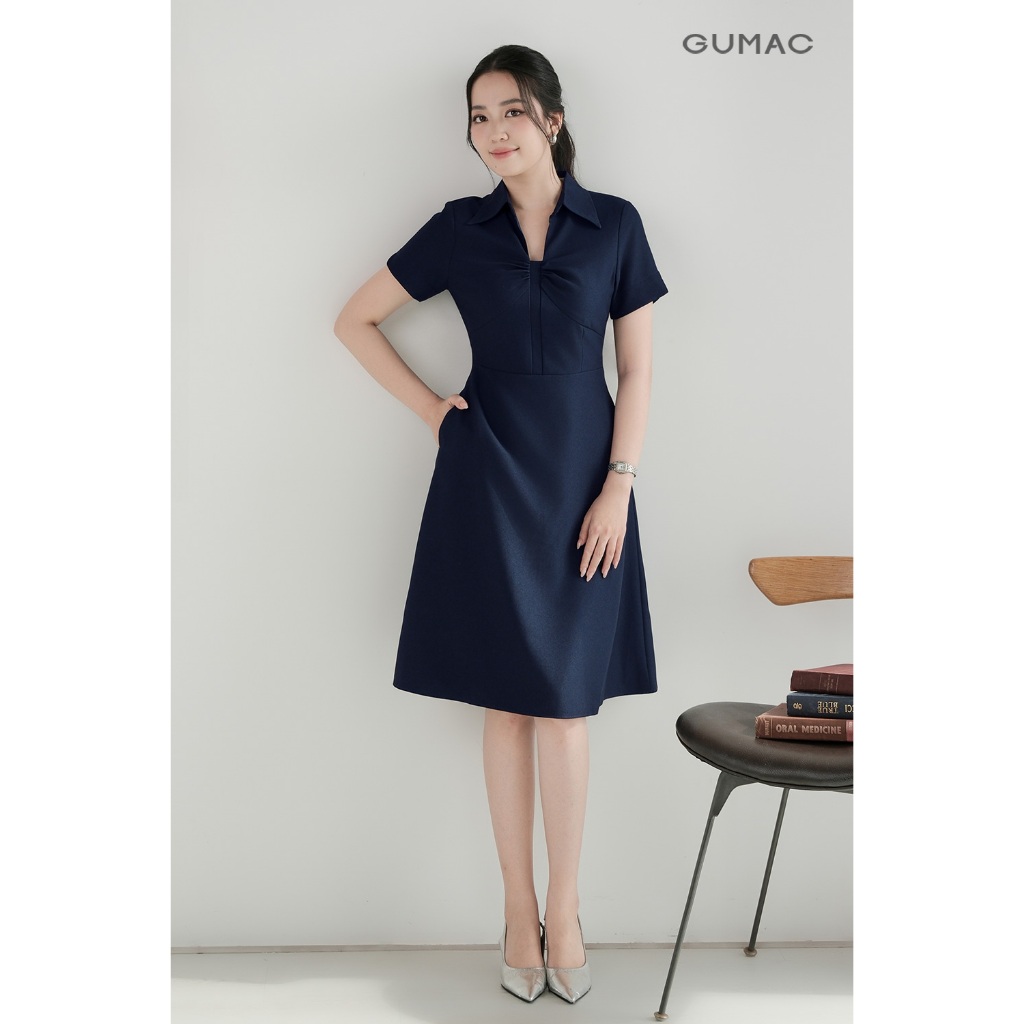 Đầm Nữ Dáng A Xòe GUMAC Kiểu Cổ Tim Tay Ngắn Hai Lớp Có Túi Sườn Công Sở Thanh Lịch DF08037