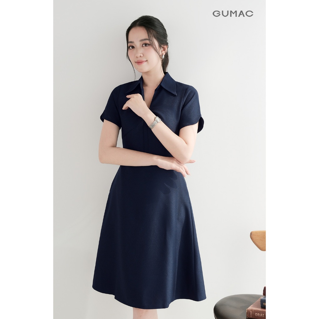 Đầm Nữ Dáng A Xòe GUMAC Kiểu Cổ Tim Tay Ngắn Hai Lớp Có Túi Sườn Công Sở Thanh Lịch DF08037