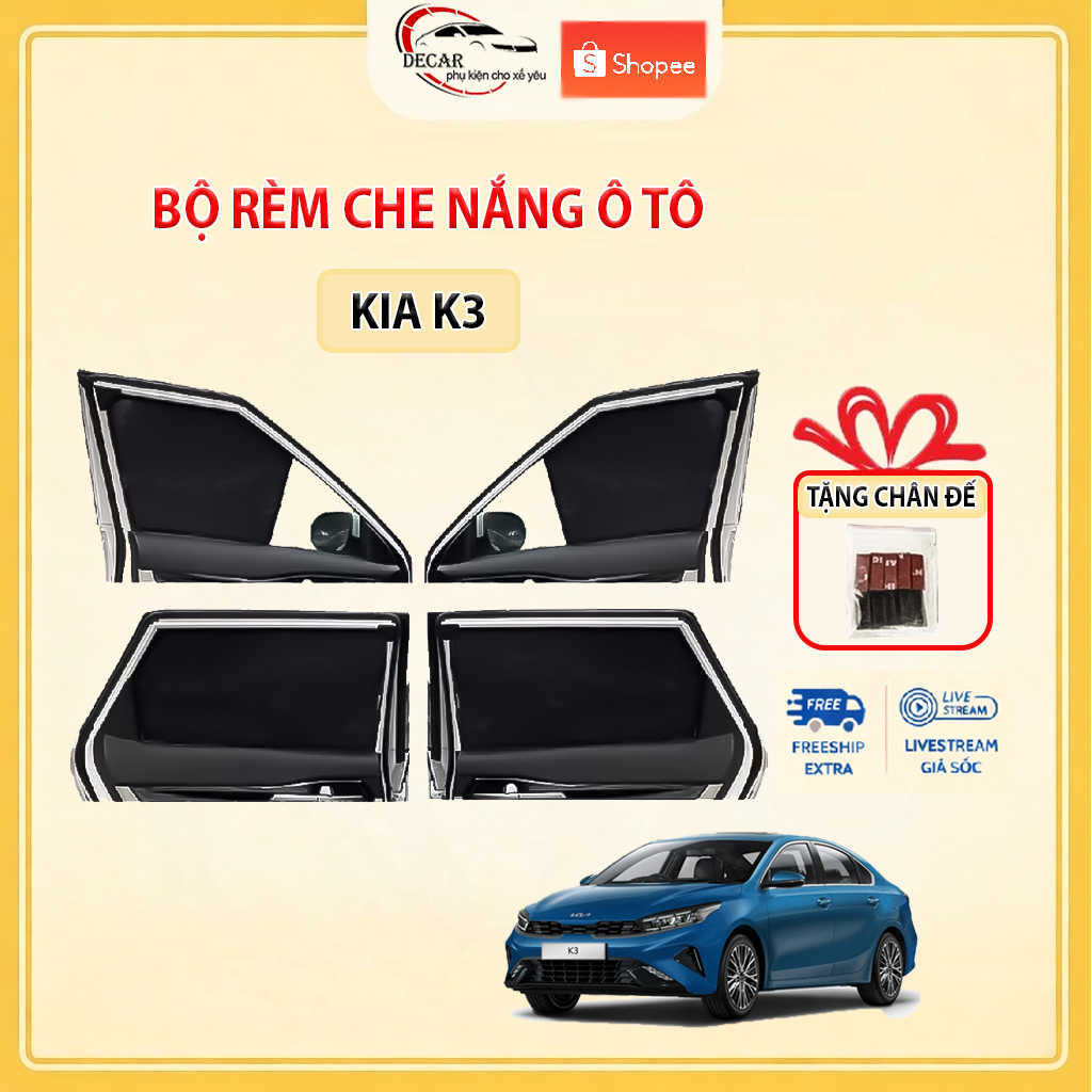 Rèm Che Nắng Ô Tô Hít Nam Châm Kia K3 = Cerato - Bộ 4 Tấm Rèm Chắn Nắng Cửa Kính Xe Hơi Chống Tia UV