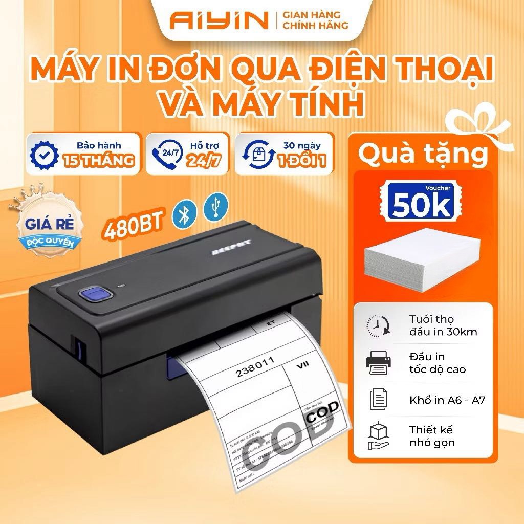 Máy In Đơn Hàng Bluetooth AYIN 480BT Khổ A6 A7, Máy In Nhiệt, In Đơn Sàn TMĐT, In Mã Vận Đơn, Logo BH 15Tháng