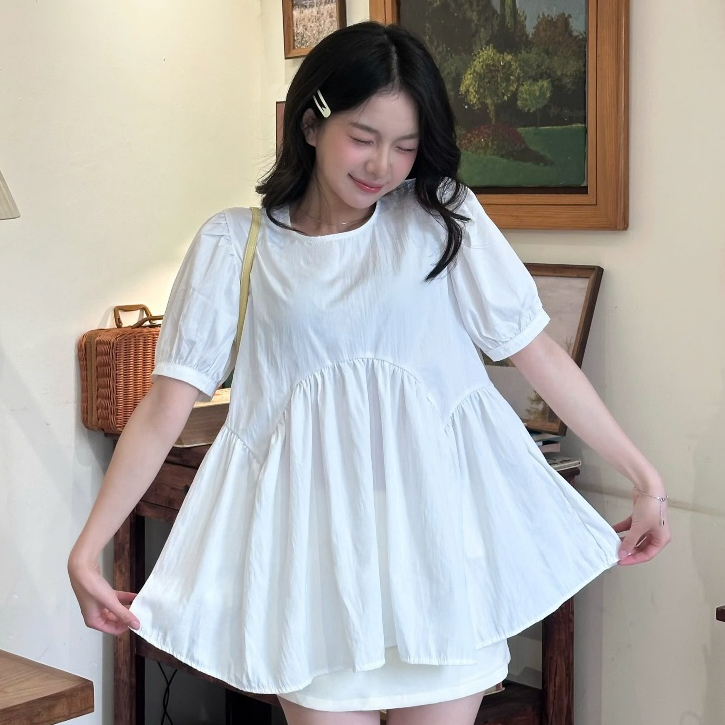 Áo Babydoll Nữ Dáng Bồng Xoè Xếp Tầng Cổ Tròn Tay Bồng Mùa Hè Kimee - KA866