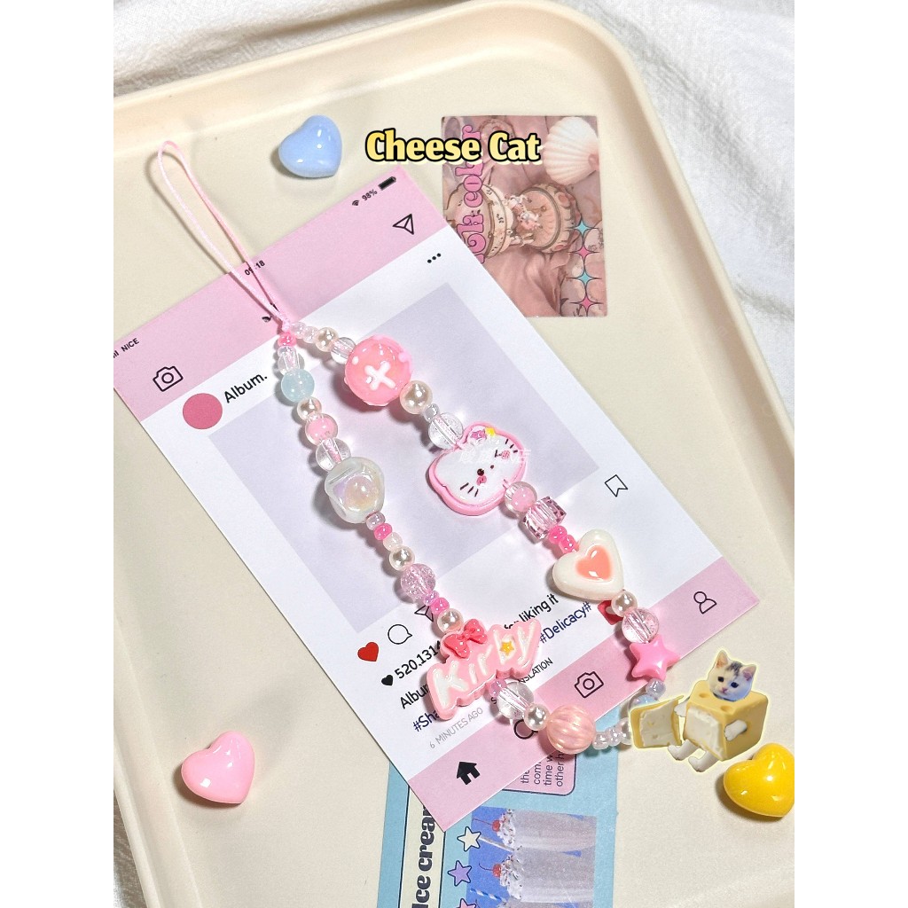 Dây chuyền điện thoại di động Kitty dây buộc dễ thương màu hồng tình yêu thời trang trang trí điện thoại di động