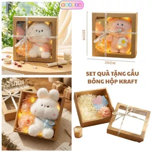 Set Quà Tặng Gấu Bông Hộp Giấy Kraft Mặt Kính Sang Trọng Kèm Nhiều Phụ Kiện Quà Tặng Sinh Nhật Cho Bé, Bạn Gái/Trai