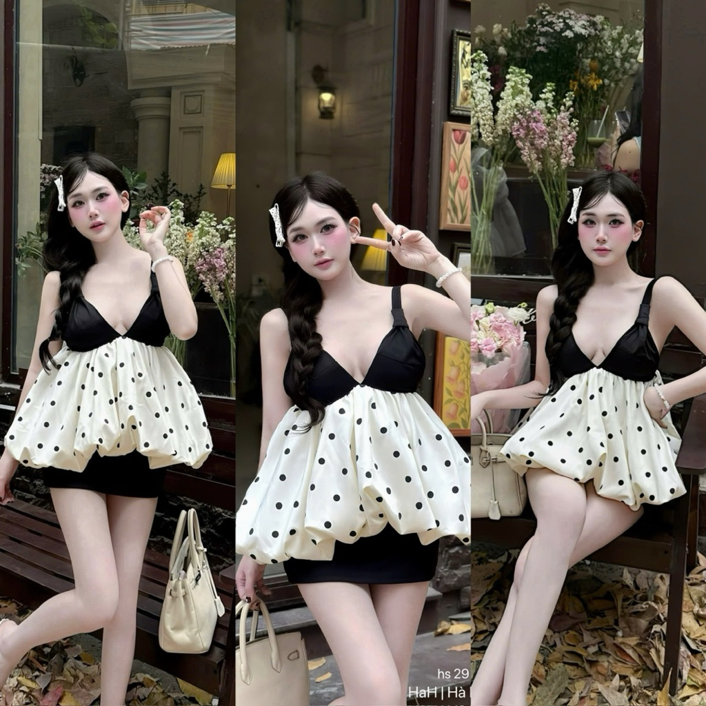 Set váy chấm bi phối dây nơ chân bồng bềnh dạo phố siu xinh