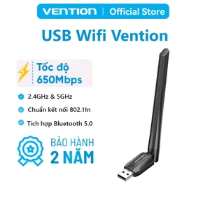 USB WiFi Vention Tích Hợp Bluetooth 5.0, Băng Tần Kép 2.4GHz & 5GHz, Tốc độ 650Mbps Cắm Là Chạy Laptop, Máy Tính Bàn