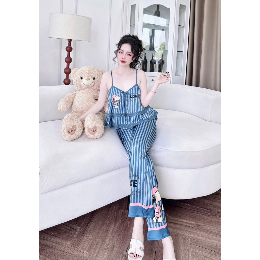 [ Size40-60kg Dây Dài090724 ]Đồ nữ mặc nhà áo 2 dây tầng - quần dài phối hoạ tiết sang chảnh chất lụa latin cao cấp