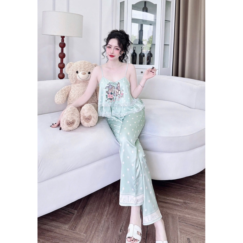 [ Size40-60kg Dây Dài090724 ]Đồ nữ mặc nhà áo 2 dây tầng - quần dài phối hoạ tiết sang chảnh chất lụa latin cao cấp