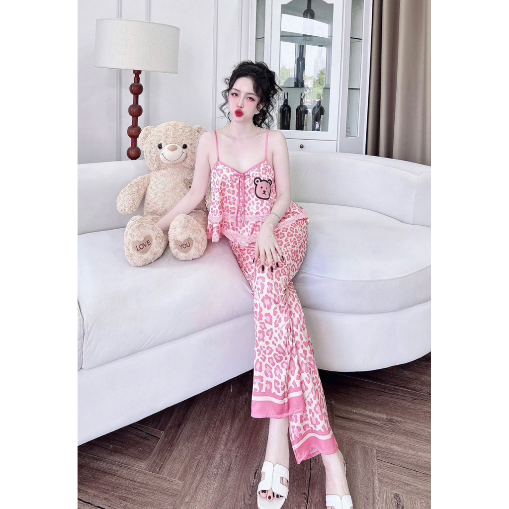 [ Size40-60kg Dây Dài090724 ]Đồ nữ mặc nhà áo 2 dây tầng - quần dài phối hoạ tiết sang chảnh chất lụa latin cao cấp