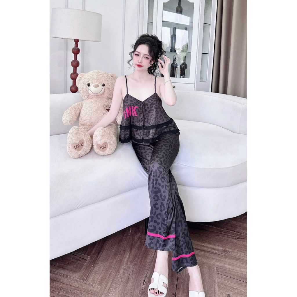 [ Size40-60kg Dây Dài090724 ]Đồ nữ mặc nhà áo 2 dây tầng - quần dài phối hoạ tiết sang chảnh chất lụa latin cao cấp