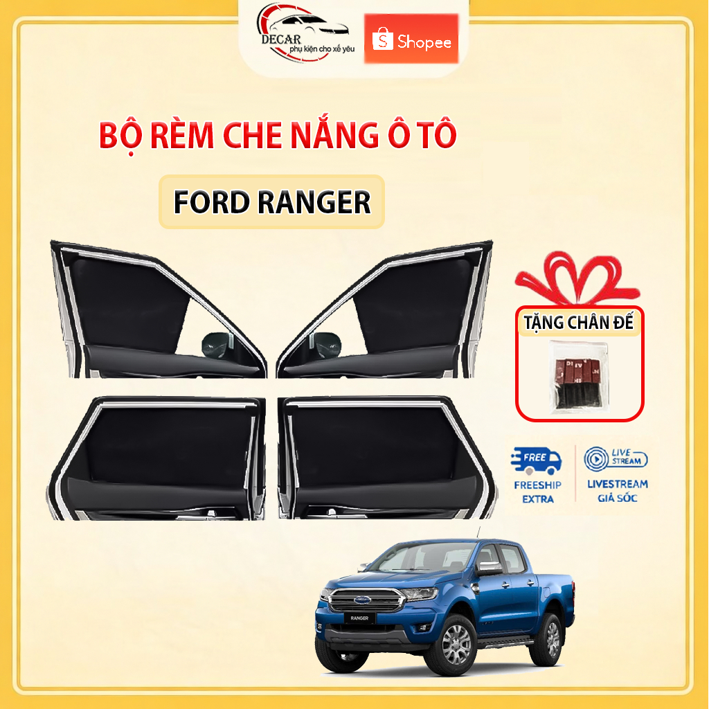 Rèm Che Nắng Ô Tô Hít Nam Châm Ford Ranger - Bộ 4 Tấm Rèm Chắn Nắng Cửa Kính Xe Hơi Chống Tia UV
