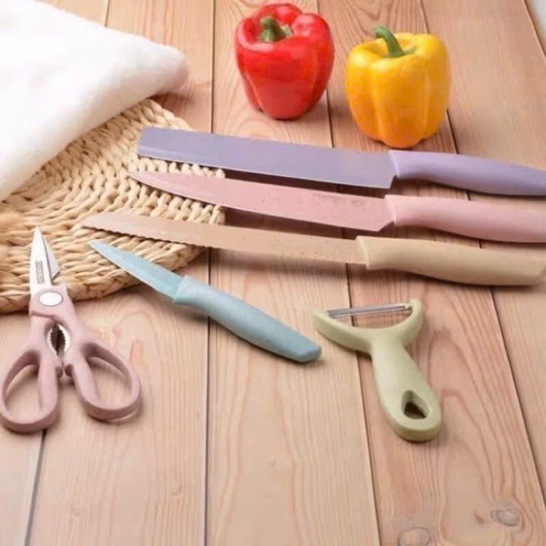 Bộ Dao Nhà Bếp 6 Món Lúa Mạch Cao Cấp – Dao Cắt Thực Phẩm, Kéo Nhà Bếp, Dao Gọt Trái Cây, Dụng Cụ Nhà Bếp Đa Năng