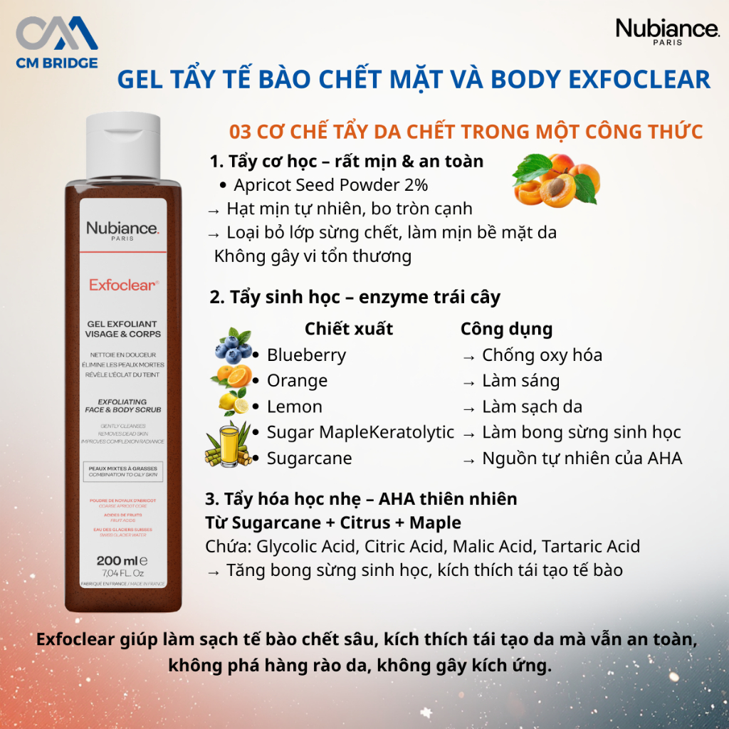 [Hàng Cty NK&PP] Gel tẩy tế bào chết NUBIANCE. PARIS Exfoclear Exfoliating Face & Body Scrub 200ml