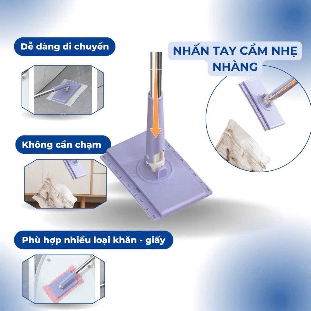 Cây Lau Nhà Kẹp Khăn Đa Năng Tay Ấn Thông Minh – Chổi Lau Sàn Phẳng Kẹp Giấy Lau / Khăn Lau Không Cần Chạm Tay