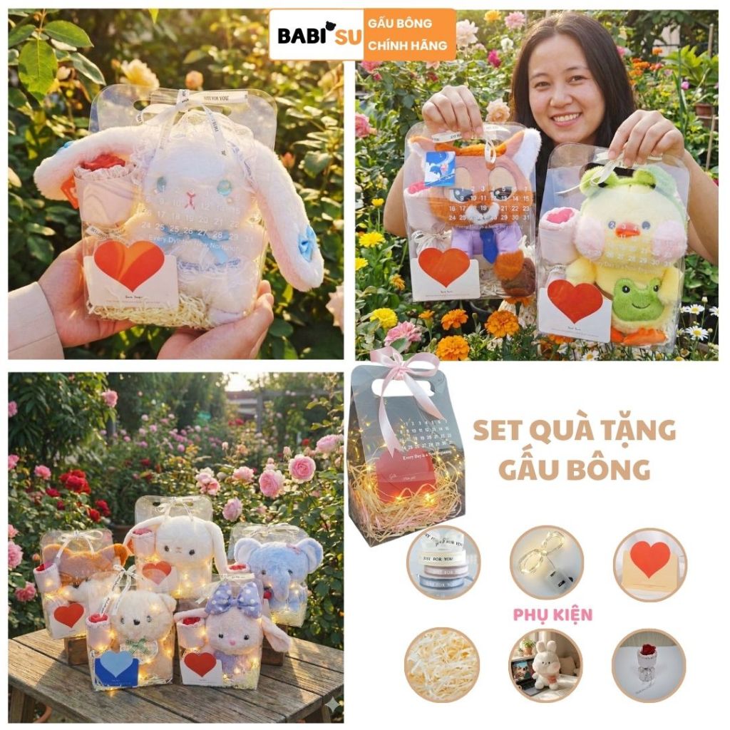 Hộp Set Quà Tặng Gấu Bông Con Vật Kèm Hộp Mica,Bó Hoa,Led,Thiệp Làm Set Quà Tặng Sinh Nhật Cho Nữ/Nam, Cho Bé
