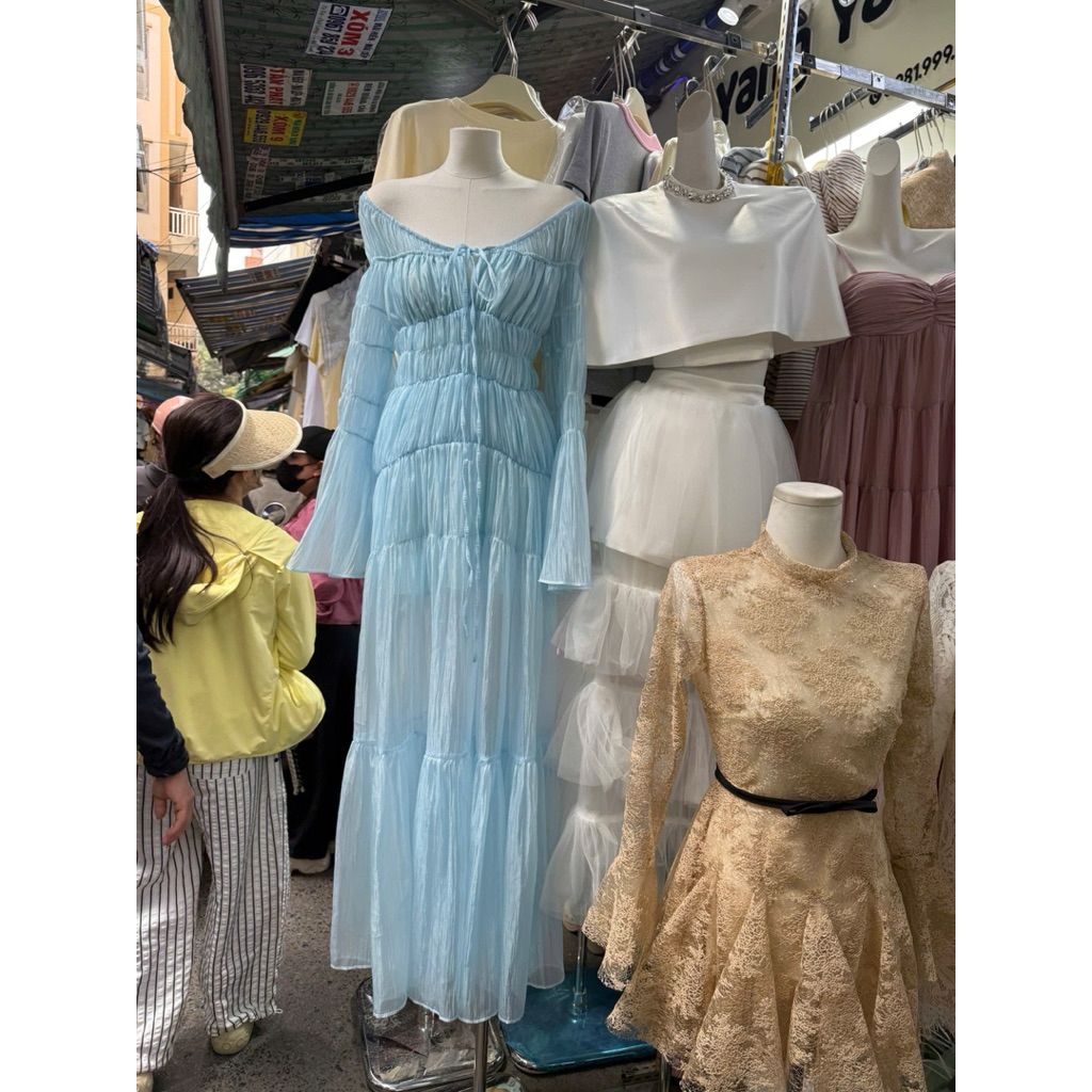 váy maxi đi biển màu xanh mát dịu ( tơ mỏng ) SM