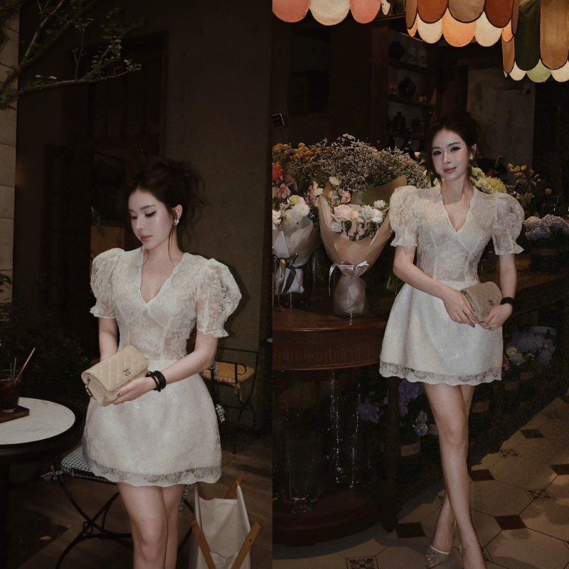 ZIMM STORE-Đầm ren công chúa cổ V tay bồng thiết kế trẻ trung sang trọng