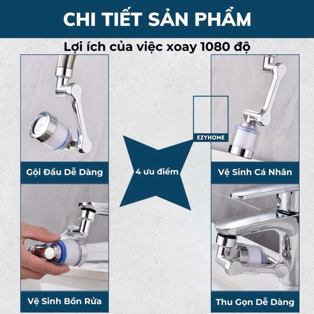 Đầu Lọc Nước Vòi Rửa 1080° Xoay Đa Năng – Đầu Vòi Tăng Áp, Lọc Cặn Bẩn, Xoay Linh Hoạt Cho Bồn Rửa Mặt & Nhà Bếp