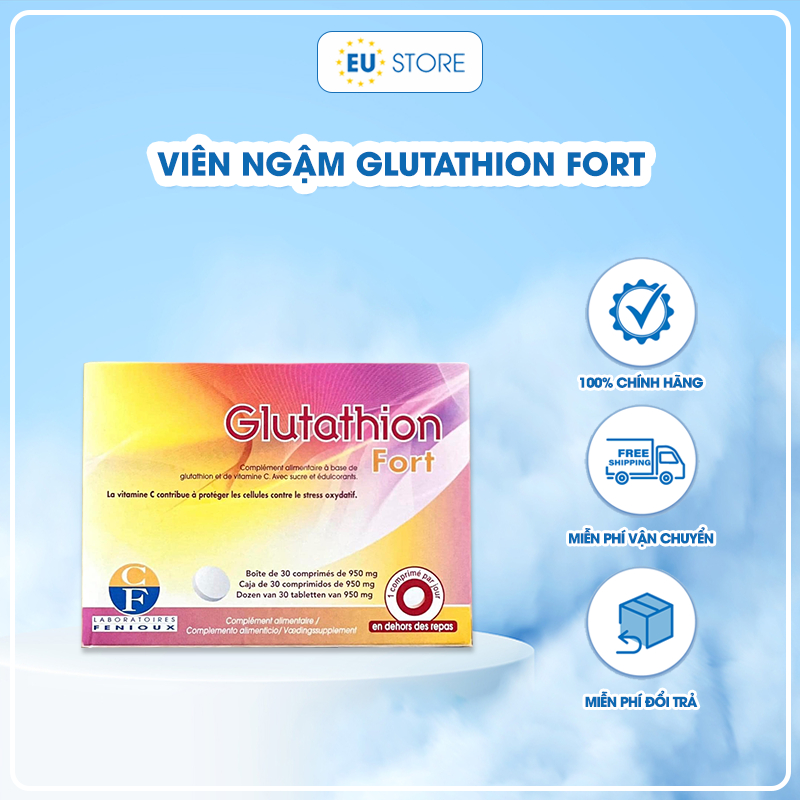 viên ngậm trắng da glutathione Date 2029] Viên ngậm trắng da Glutathione Fort Pháp với L-Glutathione 300mg  & Vitamin C hộp 30 viên