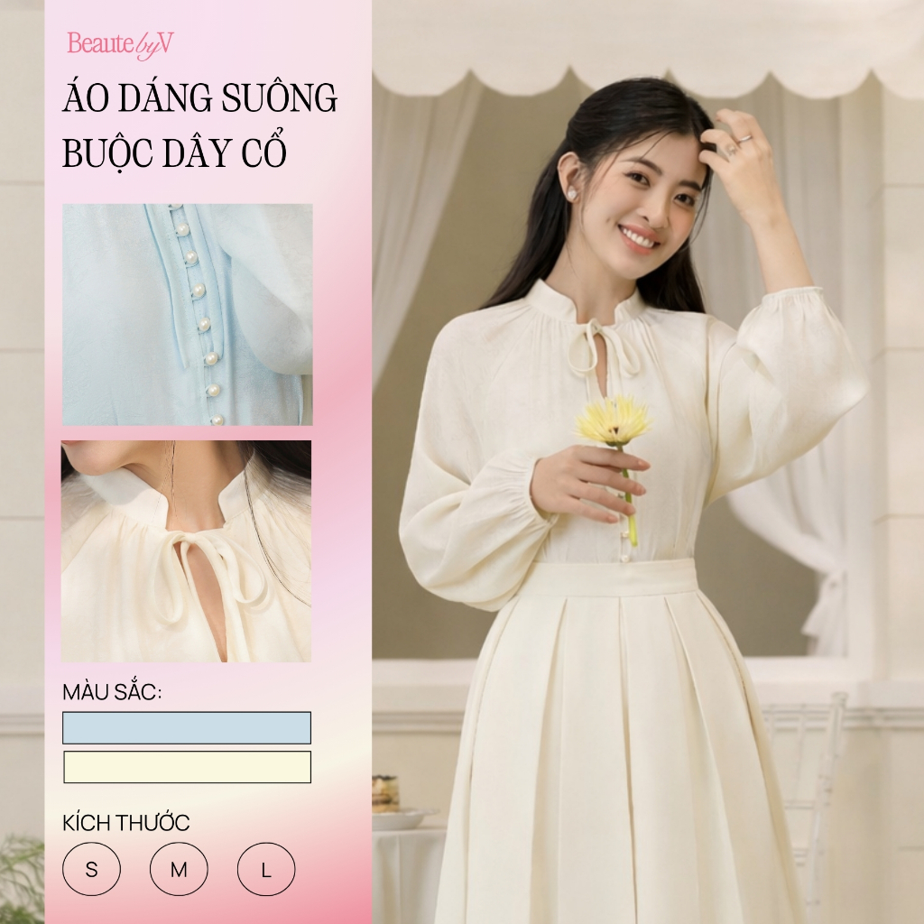Áo tơ hoa in chìm lót lụa Jolie BEAUTEBYV chất liệu mềm mại tay bồng dài bo chun đính cúc cao cấp
