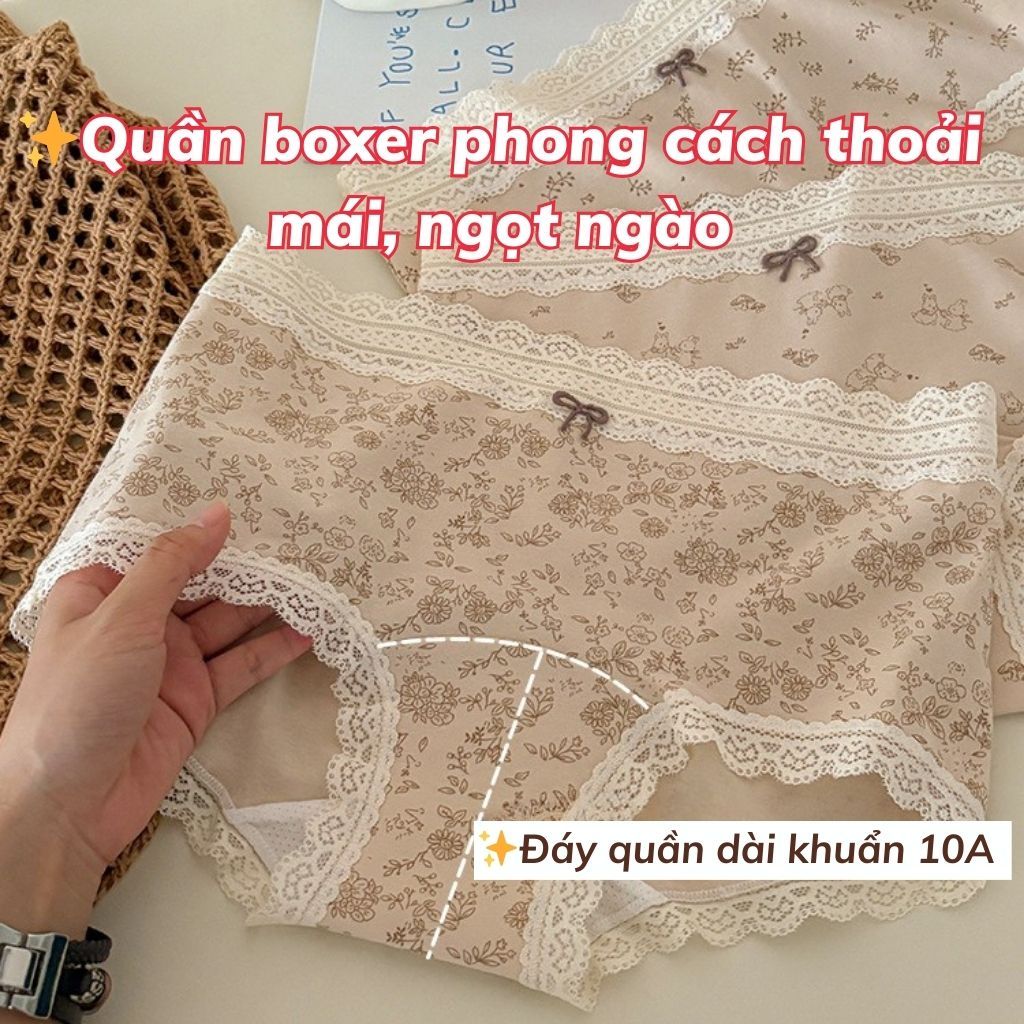 Quần lót nữ cotton kháng khuẩn dáng boxer đáy mở rộng phối viền ren họa tiết ngọt ngào LANIXA L5918