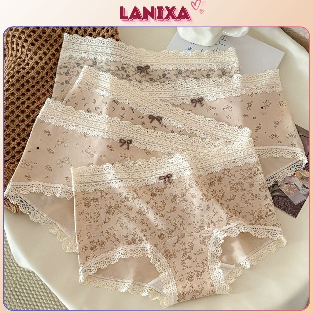 Quần lót nữ cotton kháng khuẩn dáng boxer đáy mở rộng phối viền ren họa tiết ngọt ngào LANIXA L5918