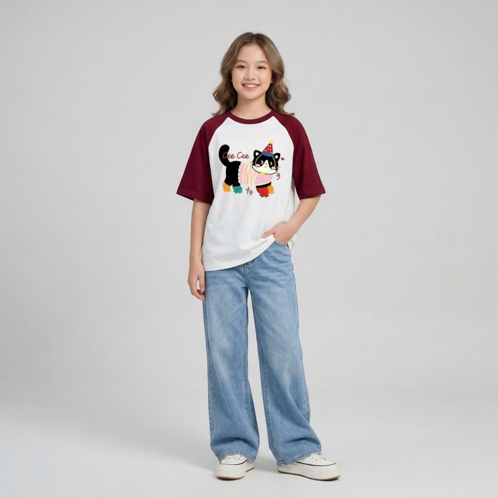 Áo phông tay nối Cute cat tay viền cho bé gái size đại BEESHOP H26036