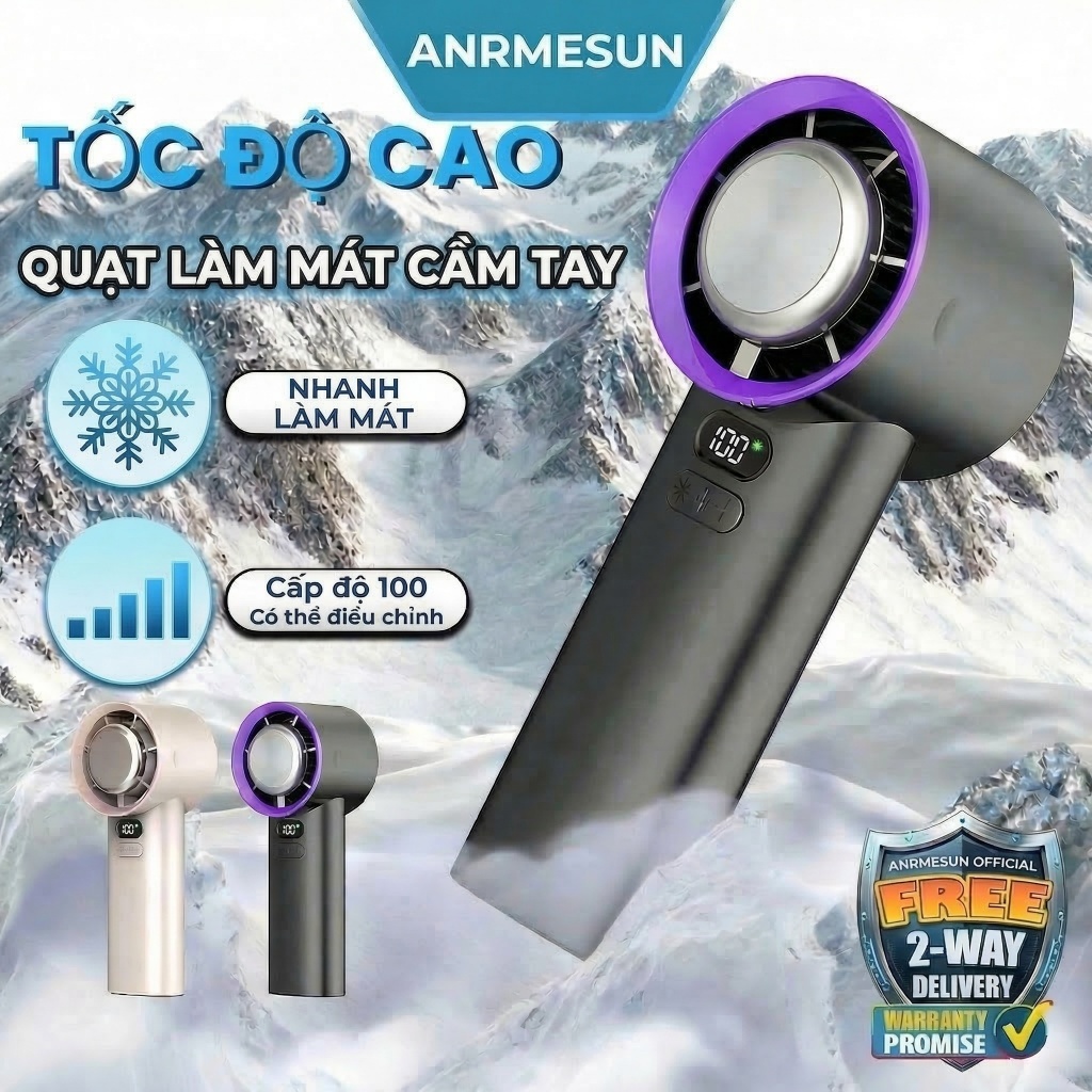 Quạt Cầm Tay Mini ANRMESUN Pin 3600mah 100 Cấp Độ Tốc Độ Gió Siêu Mạnh LED Màn hình Tích Điện Có Sò Lạnh