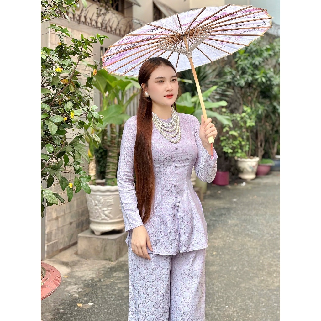 Hân Nguyễn Áo Bà Ba - B.A176 - Bộ Gấm Dệt Hoa Cúc Cao Cấp Nút Bọc Cổ Tròn Dây Kéo Tay Dài