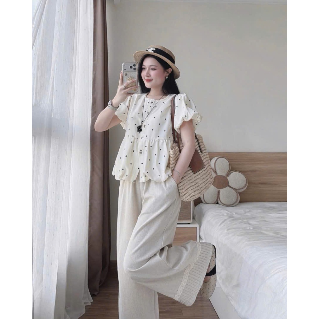 Áo chấm bi dáng bí tay bồng vải cực mát, áo kiểu nữ MUZA A119