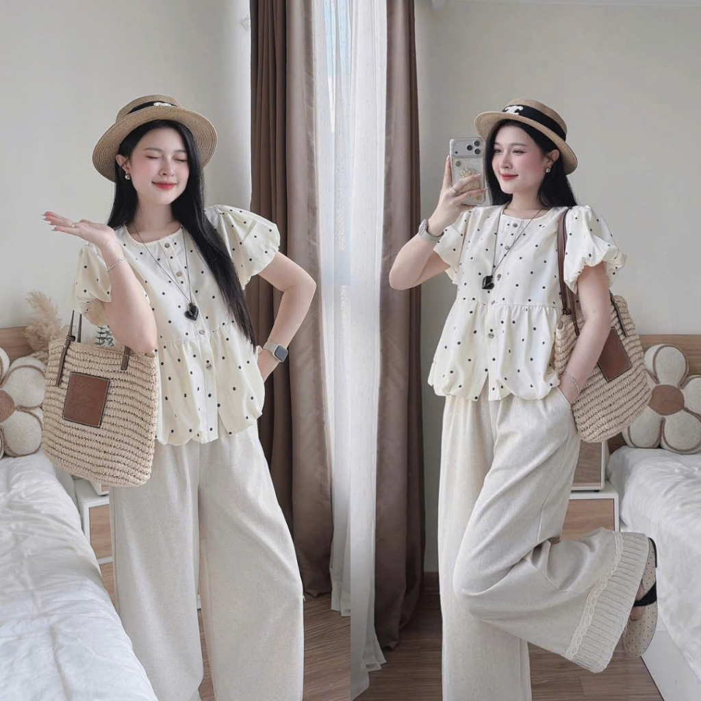Áo chấm bi dáng bí tay bồng vải cực mát, áo kiểu nữ MUZA A119