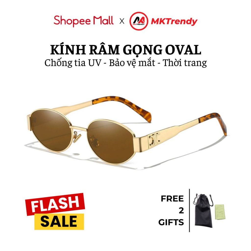 [Live x MKTRENDY] Kính râm oval gọng kim loại chống tia UV chống nắng thời trang nam nữ T9