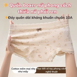 Quần lót nữ cotton cao cấp dáng boxer phối viền ren sang trọng sexy họa tiết cổ điển DEVARI L5272