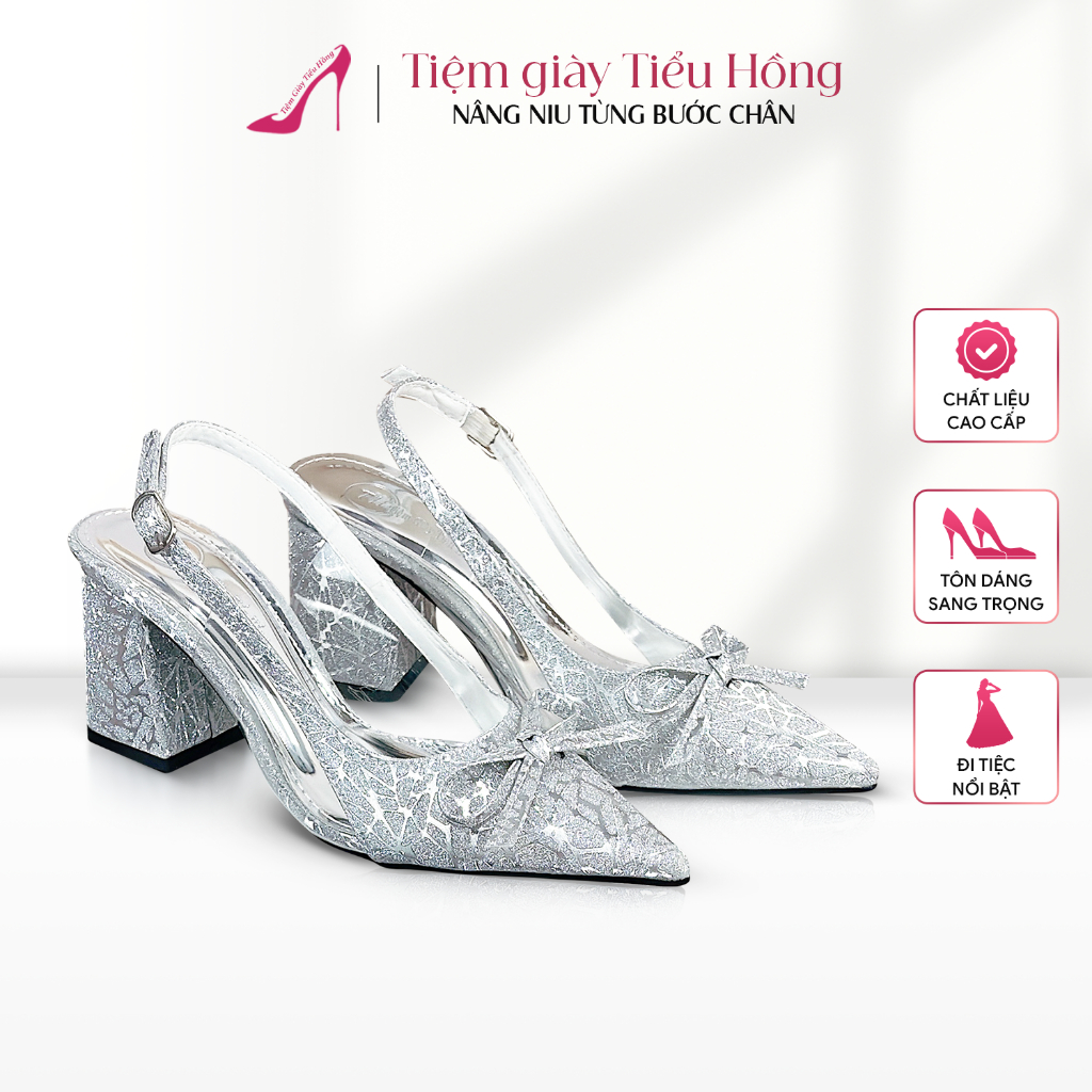Giày Cao Gót Nữ Kim Tuyến Nơ Thắt Thủ Công Giày Hở Gót Sang Chảnh Dự Tiệc Tiệm Giày Tiểu Hồng TH38