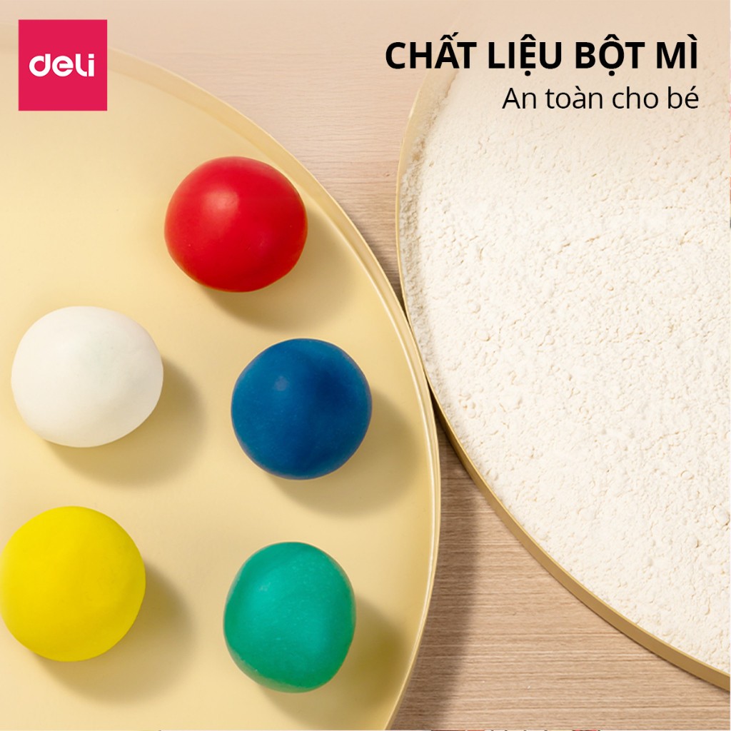 Đất nặn Deli nhiều màu 12/24 màu an toàn cho bé, hộp nhựa tròn có quai xách, kèm khuôn đồ chơi, đất sét DIY trẻ em