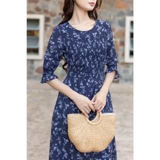 SWANLAKE | Váy Đầm Nữ Maxi Hoa Nhí Tay Lỡ Cổ Tròn Vải Xô Cotton Chiết Eo Du Lịch Biển Hè D11420