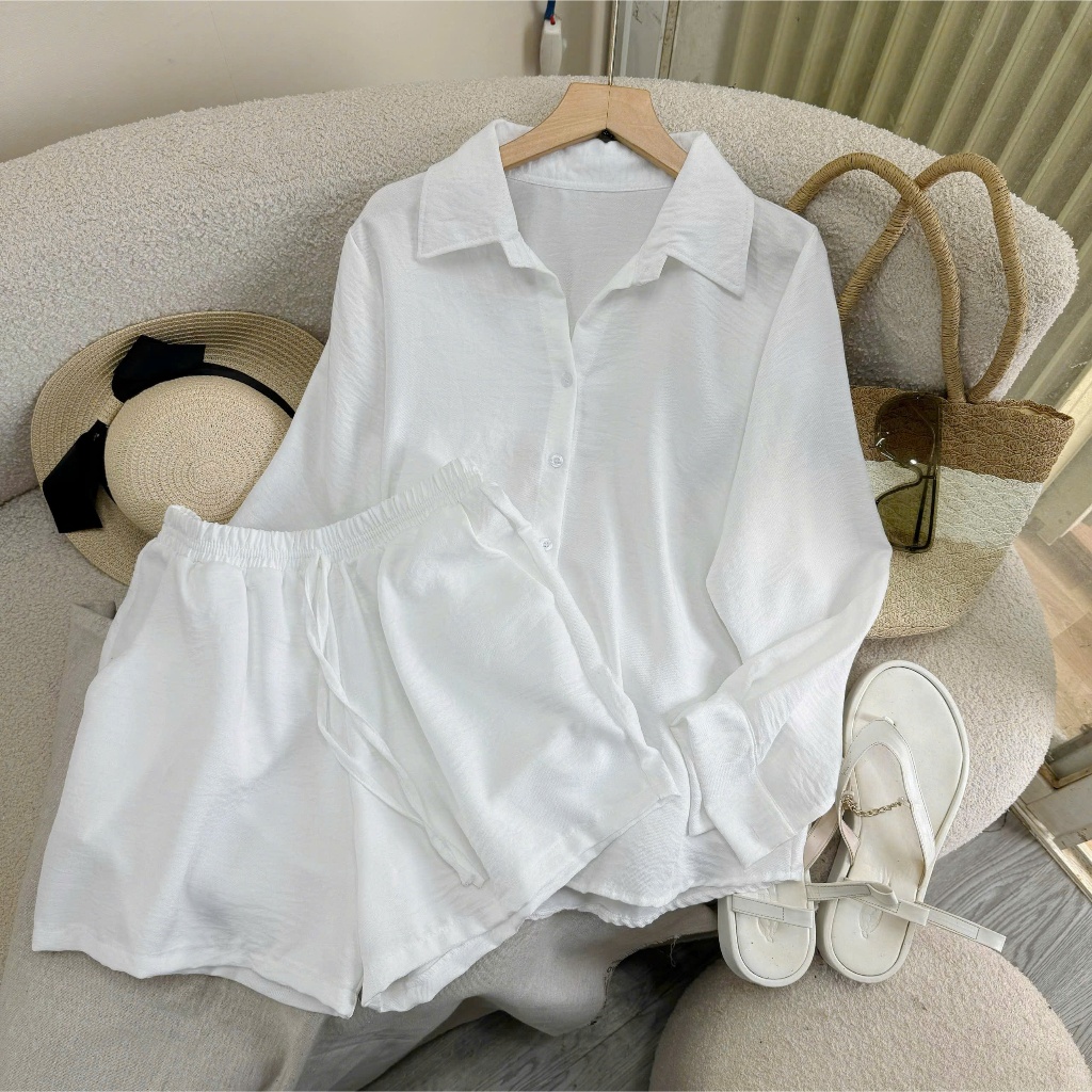 Set Đồ Bigsize Nữ Áo Sơ Mi Dài Tay + Quần Short Lưng Chun Vải Đũi Mát Form Rộng SET861