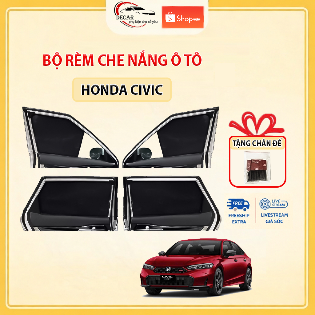 Rèm Che Nắng Ô Tô Nam Châm Honda Civic - Bộ 4 Tấm Chắn Nắng Cửa Kính Xe Hơi Chống Tia UV
