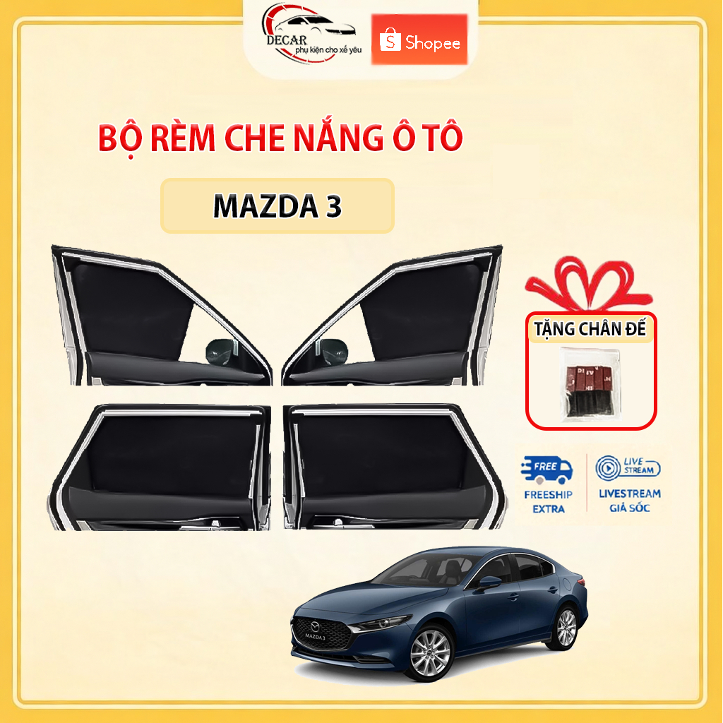 Rèm Che Nắng Ô Tô Hít Nam Châm Mazda 3 - Bộ 4 Tấm Rèm Chắn Nắng Cửa Kính Xe Hơi Chống Tia UV
