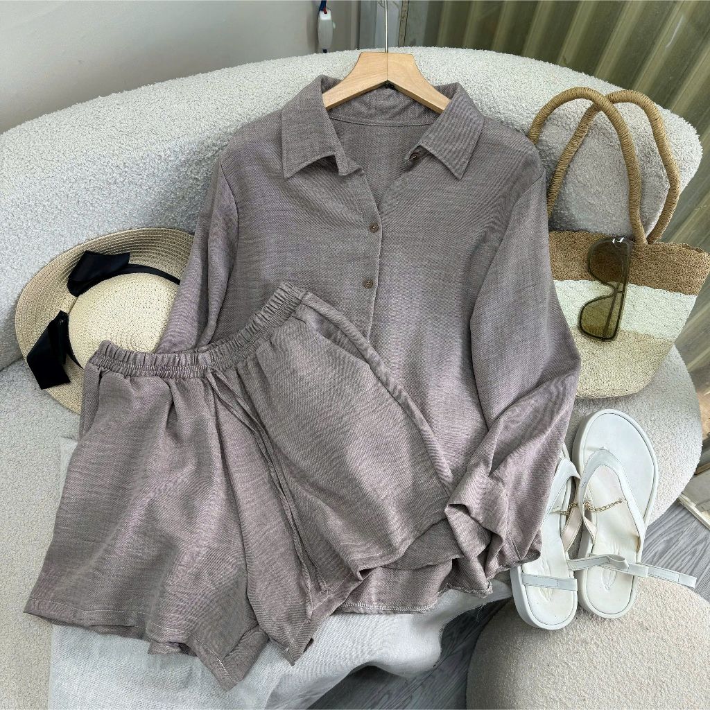 Set Đồ Bigsize Nữ Áo Sơ Mi Dài Tay + Quần Short Lưng Chun Vải Đũi Mát Form Rộng SET861