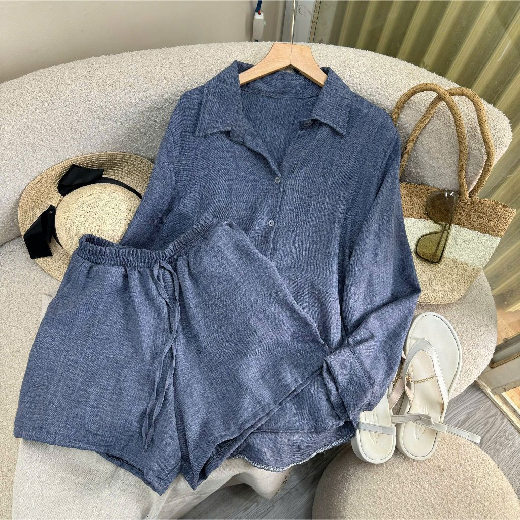 Set Đồ Bigsize Nữ Áo Sơ Mi Dài Tay + Quần Short Lưng Chun Vải Đũi Mát Form Rộng SET861