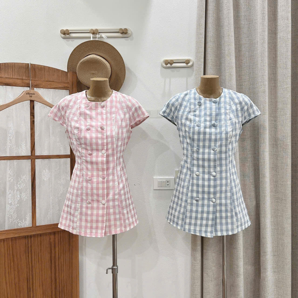 Váy nữ phối kẻ caro tay ngắn cúc bọc thắt nơ eo tiểu thư MUZA V29