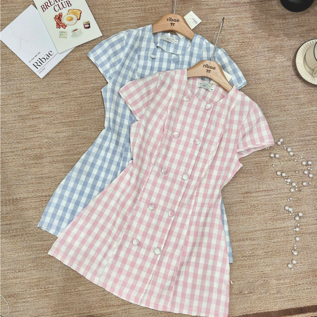 Váy nữ phối kẻ caro tay ngắn cúc bọc thắt nơ eo tiểu thư MUZA V29
