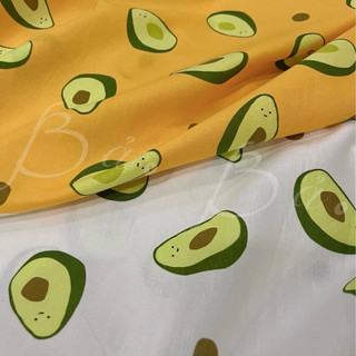 Vải Linen Cotton Nền Cam Cà Rốt In Hoạ Tiết Quả Bơ Mềm Rũ Khổ 1m45