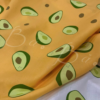 Vải Linen Cotton Nền Cam Cà Rốt In Hoạ Tiết Quả Bơ Mềm Rũ Khổ 1m45