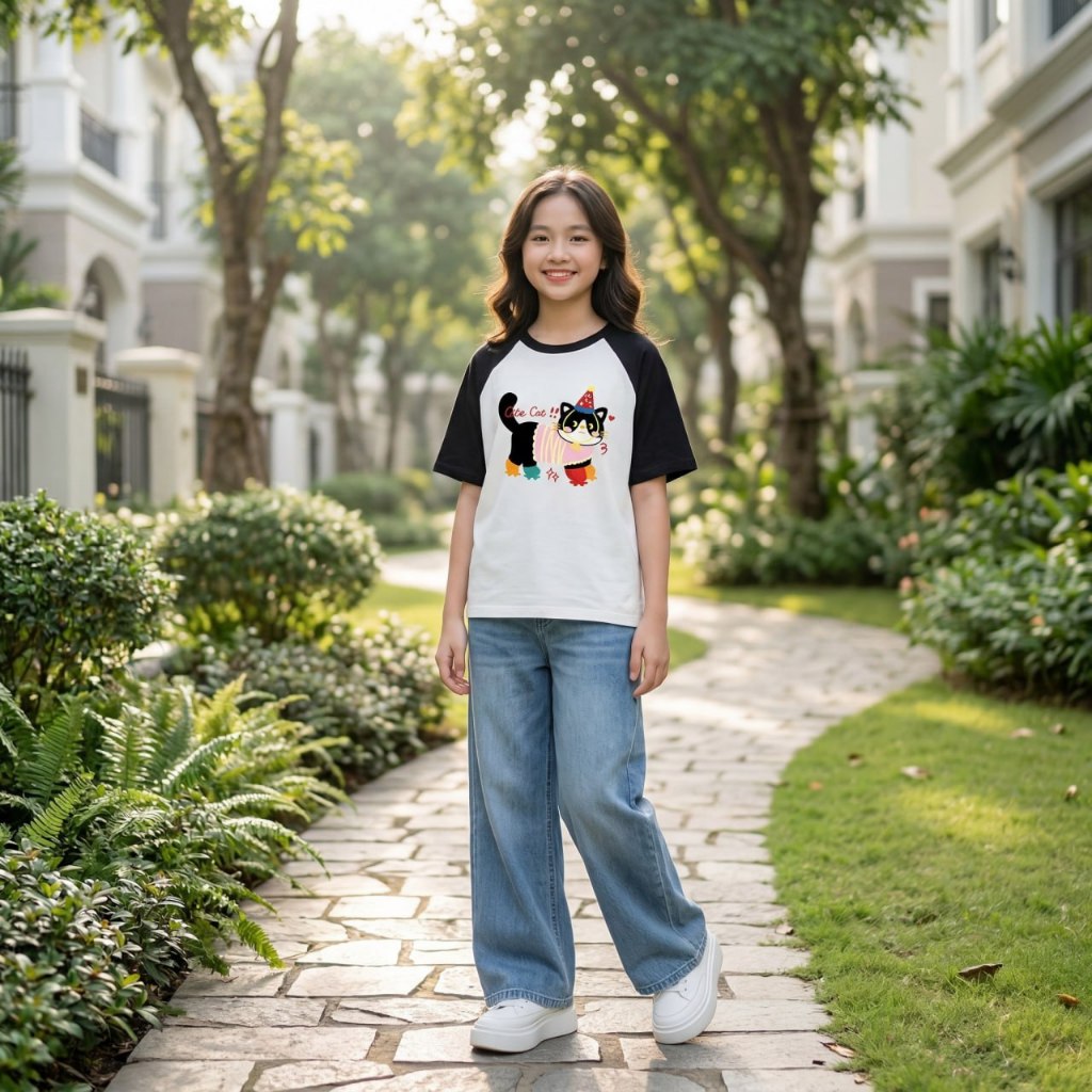 Áo phông tay nối Cute cat tay viền cho bé gái size đại BEESHOP H26036