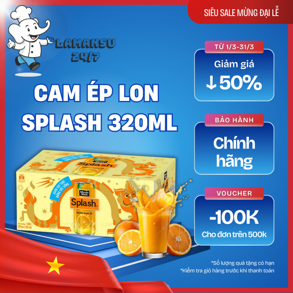 Thùng 24 Lon Cam Ép Minute Maid Splash 320ml | Nước Cam Tươi Mát Bổ ...