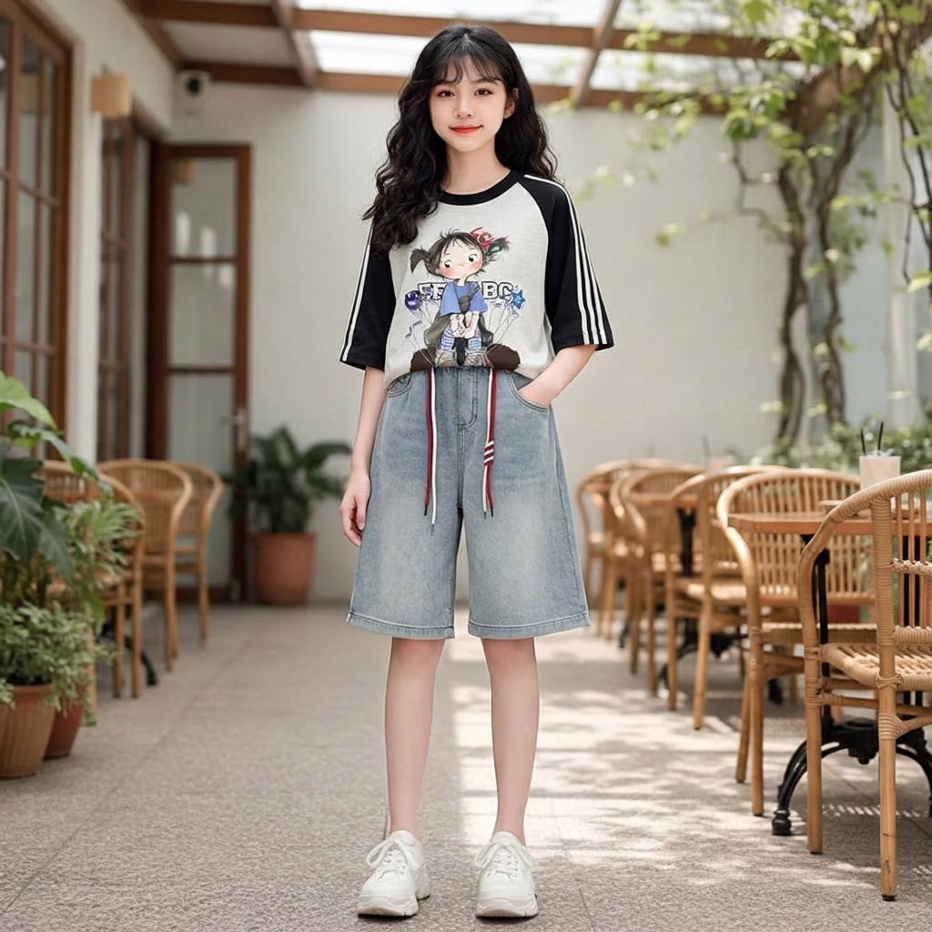 Quần jean ngố mài kèm dây rút cho bé gái size đại BEESHOP H26038