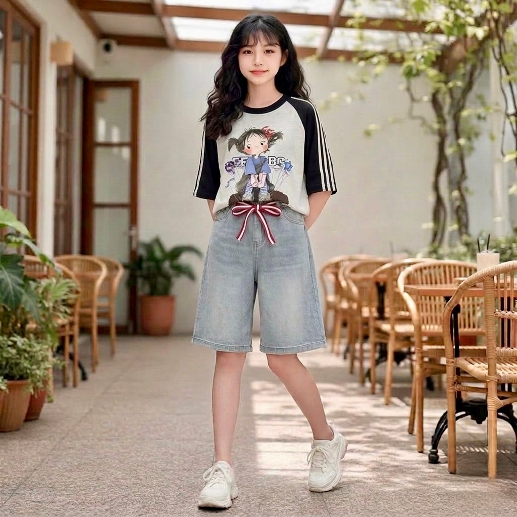 Quần jean ngố mài kèm dây rút cho bé gái size đại BEESHOP H26038